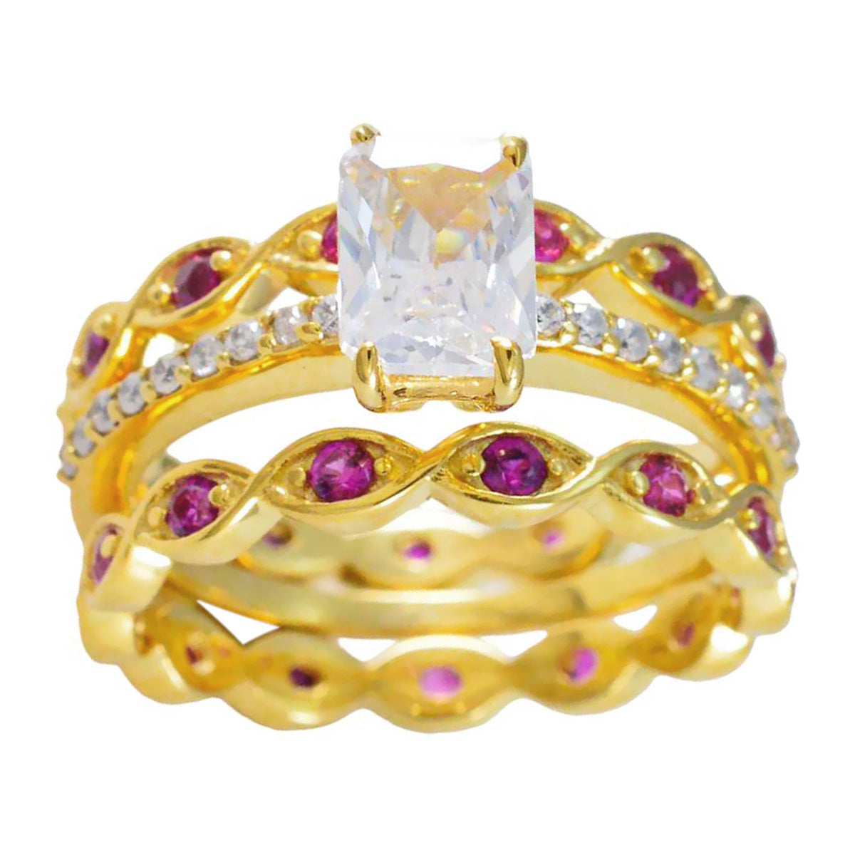 Riyo Choice Silver Ring With Yellow Gold Plating Ruby CZ Stone Octagon Shape Fathers Day Ring