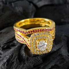 Riyo Klassieke zilveren ring met geelgouden robijn CZ-steen Ronde vorm Prong Setting Ring