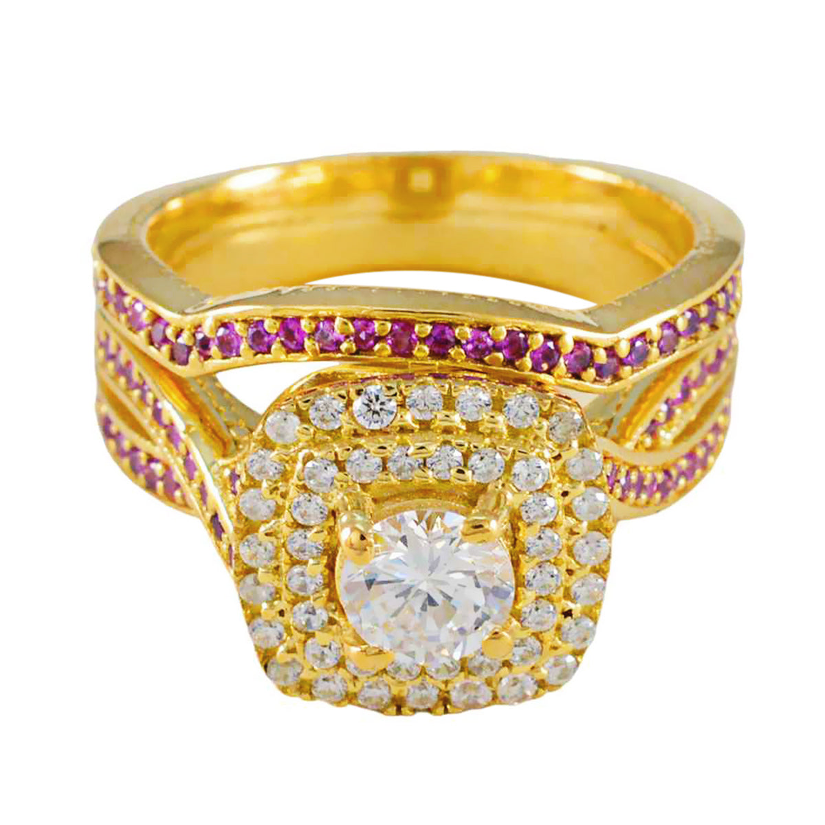 anello classico in argento riyo con placcatura in oro giallo con rubino e pietra cz a forma rotonda con montatura a griffe