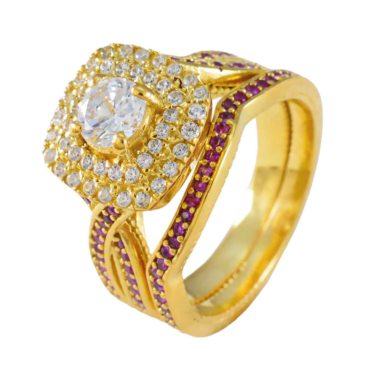 anello classico in argento riyo con placcatura in oro giallo con rubino e pietra cz a forma rotonda con montatura a griffe