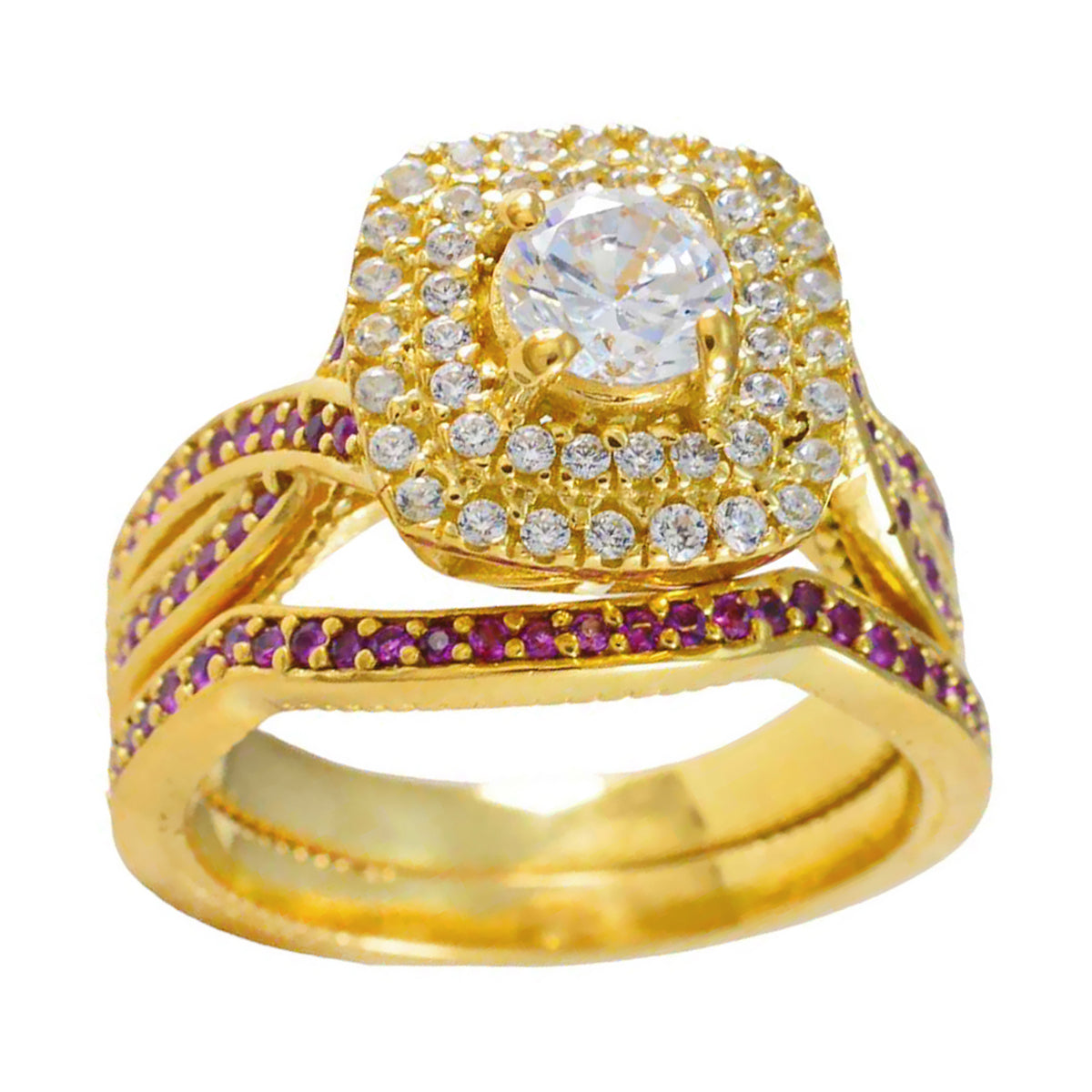 Riyo Classical Silver Ring With Yellow Gold Plating Ruby CZ Stone Round Shape Prong Setting Ring