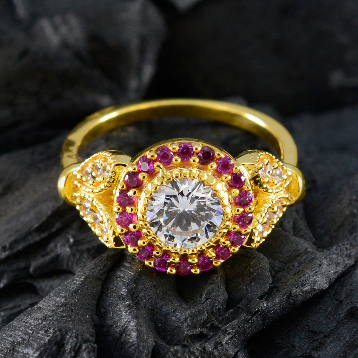 Ослепительное серебряное кольцо riyo с покрытием из желтого золота, кольцо с рубином и камнем cz круглой формы, закрепочное кольцо с зубцом