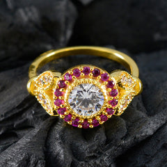 Riyo Dazzling Silver Ring With Yellow Gold Plating Ruby CZ Stone Round Shape Prong Setting Ring