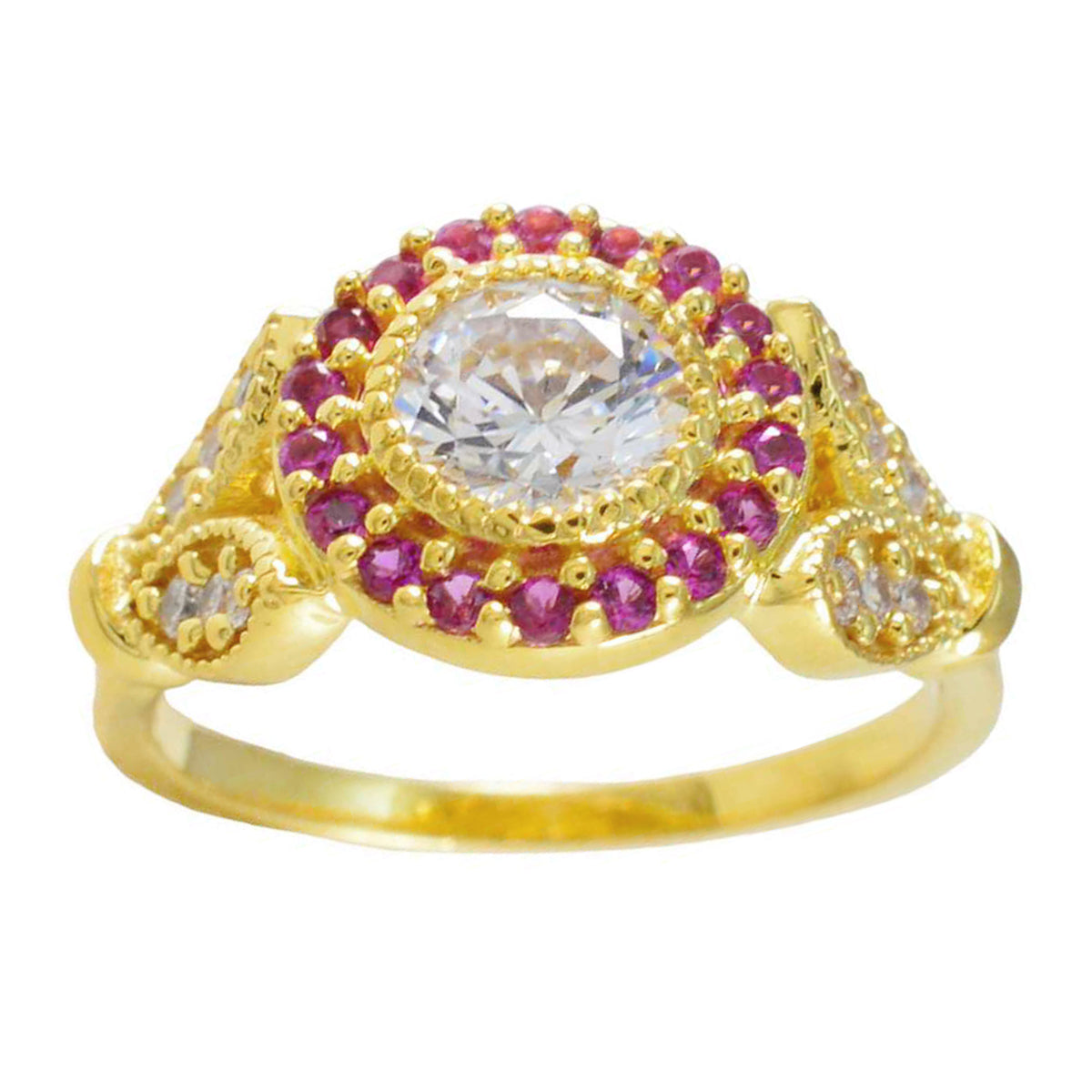 Anillo de plata deslumbrante riyo con anillo con engaste de punta de forma redonda de piedra de rubí cz chapado en oro amarillo
