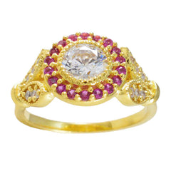 Riyo Oogverblindende zilveren ring met geelgouden robijnrode CZ-steen ronde vorm Prong Setting Ring