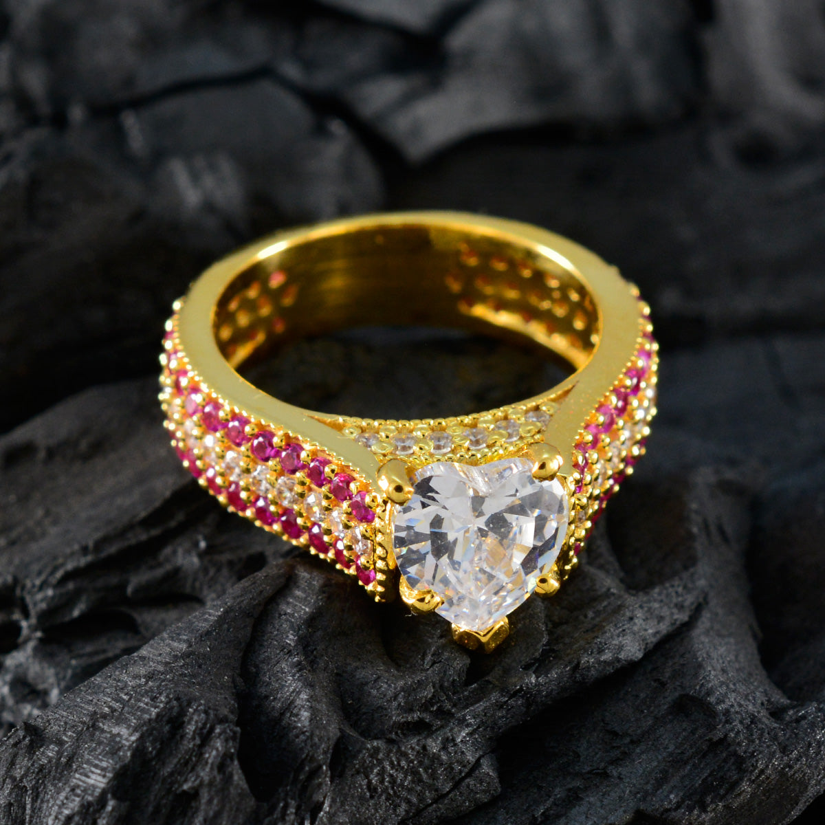Riyo Designer zilveren ring met geelgouden robijn CZ-steen ronde vorm Prong Setting Ring