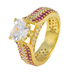 Riyo Designer Silver Ring With Yellow Gold Plating Ruby CZ Stone Round Shape Prong Setting Ring