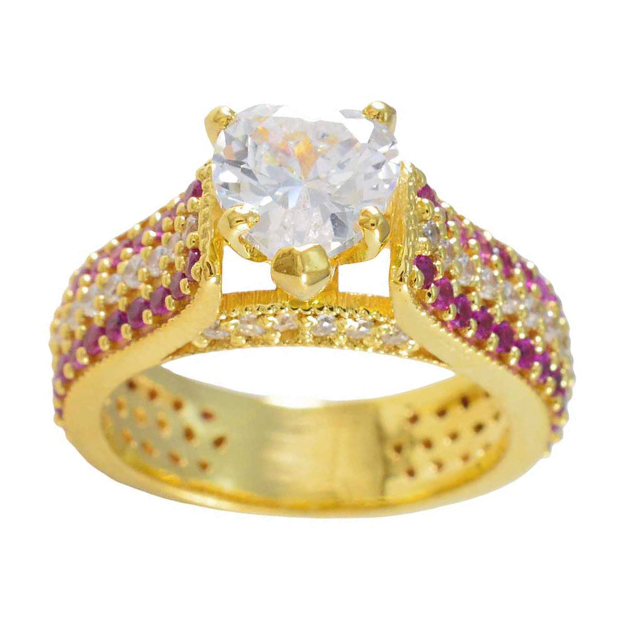 Anillo de plata de diseñador riyo con anillo con engaste de punta de forma redonda de piedra de rubí cz chapado en oro amarillo
