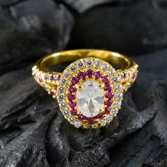 Riyo Desirable Silver Ring With Yellow Gold Plating Ruby CZ Stone Oval Shape Prong Setting Ring