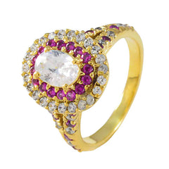 Riyo Desirable Silver Ring With Yellow Gold Plating Ruby CZ Stone Oval Shape Prong Setting Ring