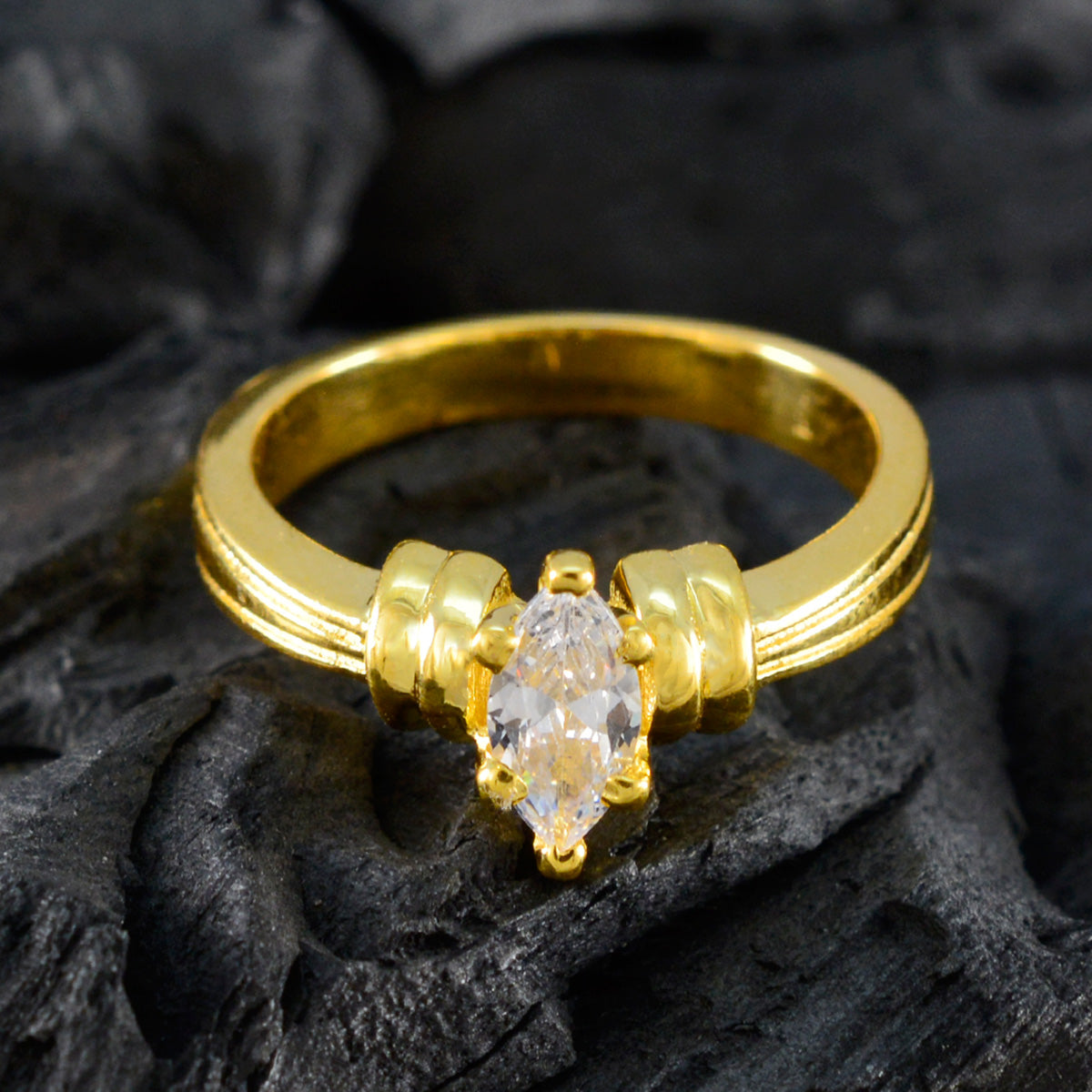 Riyo Exporter Silver Ring With Yellow Gold Plating White CZ Stone Marquise Shape Prong Setting Ring