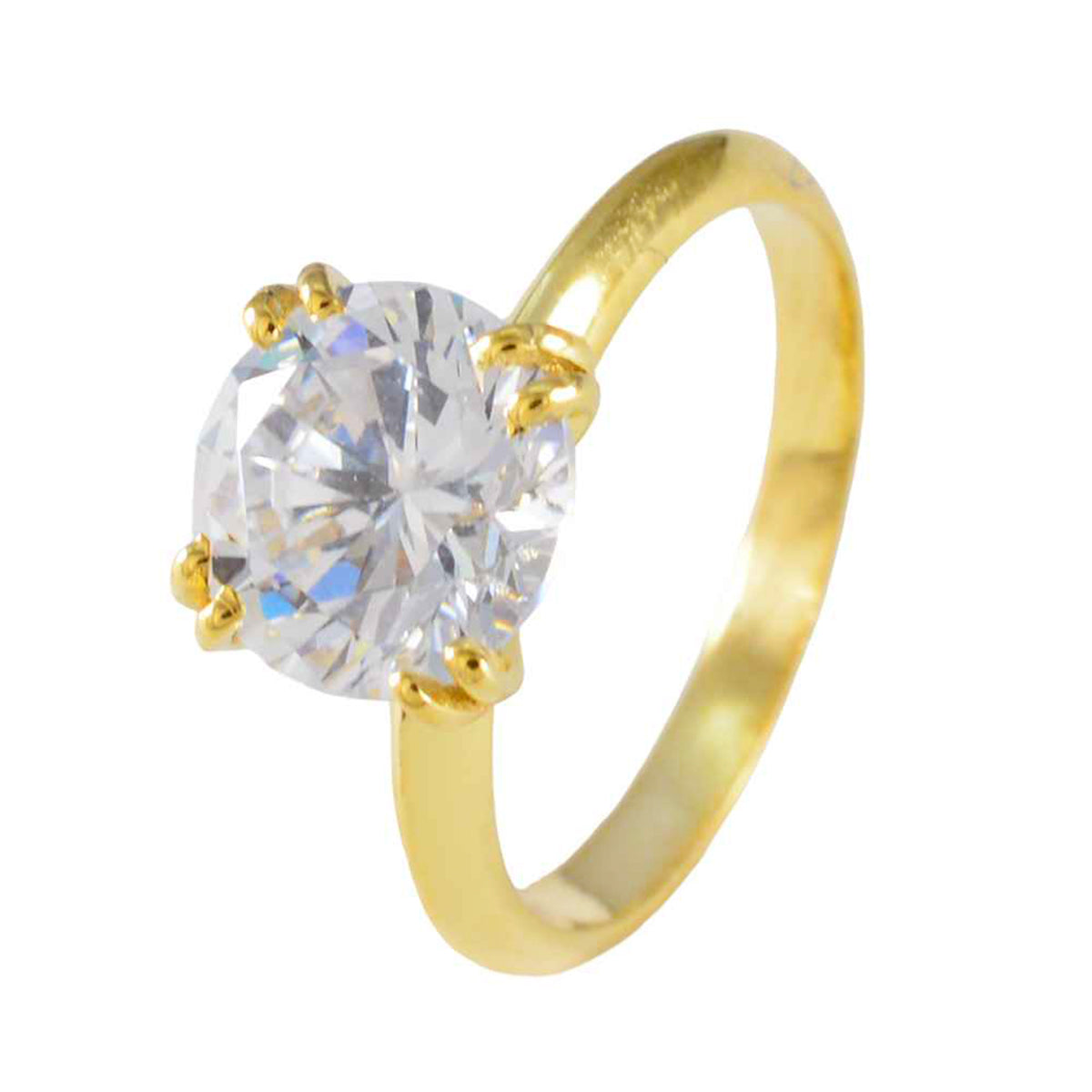Anillo de plata a granel riyo con anillo de compromiso con engaste de punta de forma redonda de piedra cz blanca chapado en oro amarillo