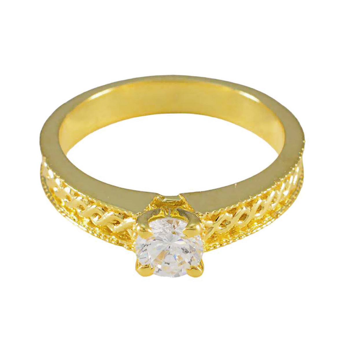Riyo In Quantity Silver Ring With Yellow Gold Plating White CZ Stone Round Shape Prong Setting Ring