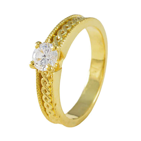 Riyo In Quantity Silver Ring With Yellow Gold Plating White CZ Stone Round Shape Prong Setting Ring