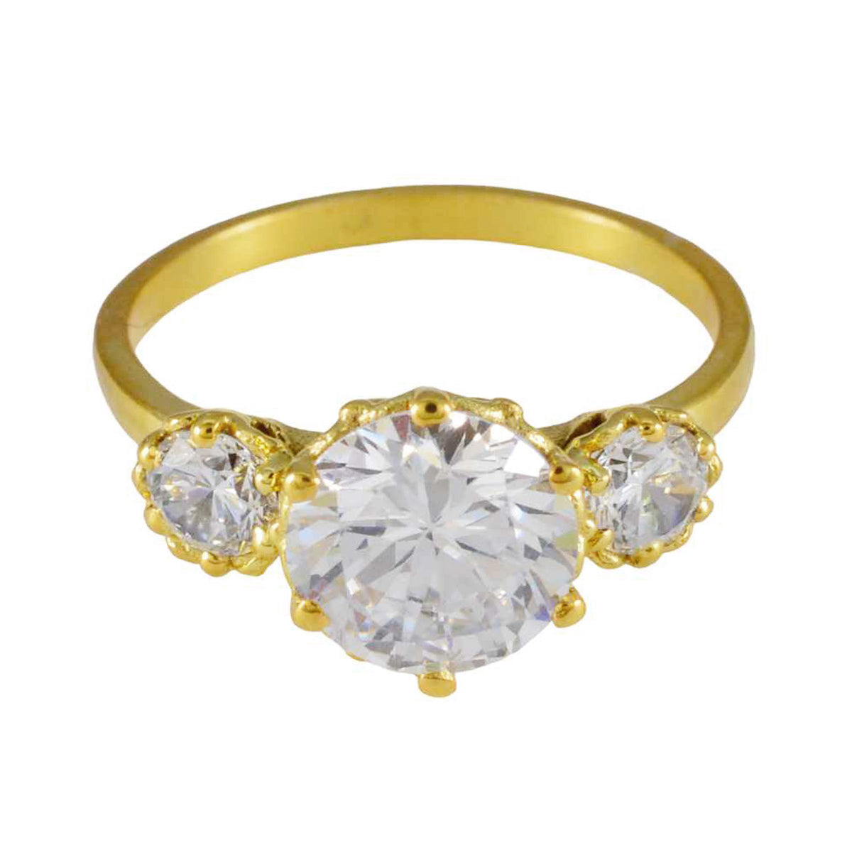 Riyo Indian Silver Ring With Yellow Gold Plating White CZ Stone Round Shape Prong Setting Ring