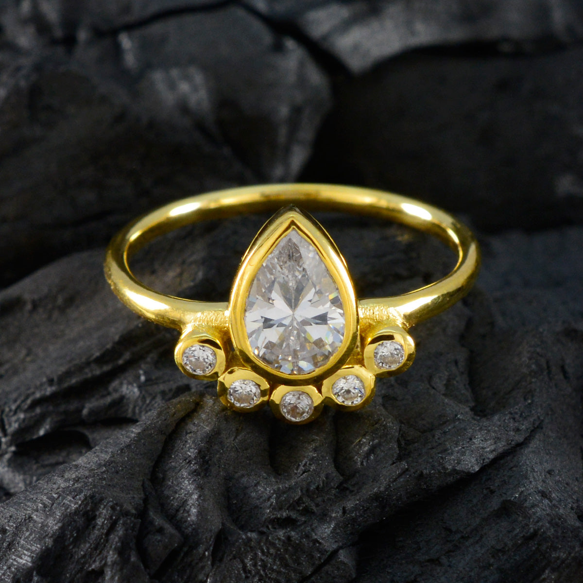 Riyo Jaipur Silver Ring With Yellow Gold Plating White CZ Stone Pear Shape Bezel Setting Ring