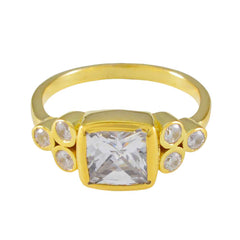 Riyo Jewelry Silver Ring With Yellow Gold Plating White CZ Stone square Shape Bezel Setting Designer Ring