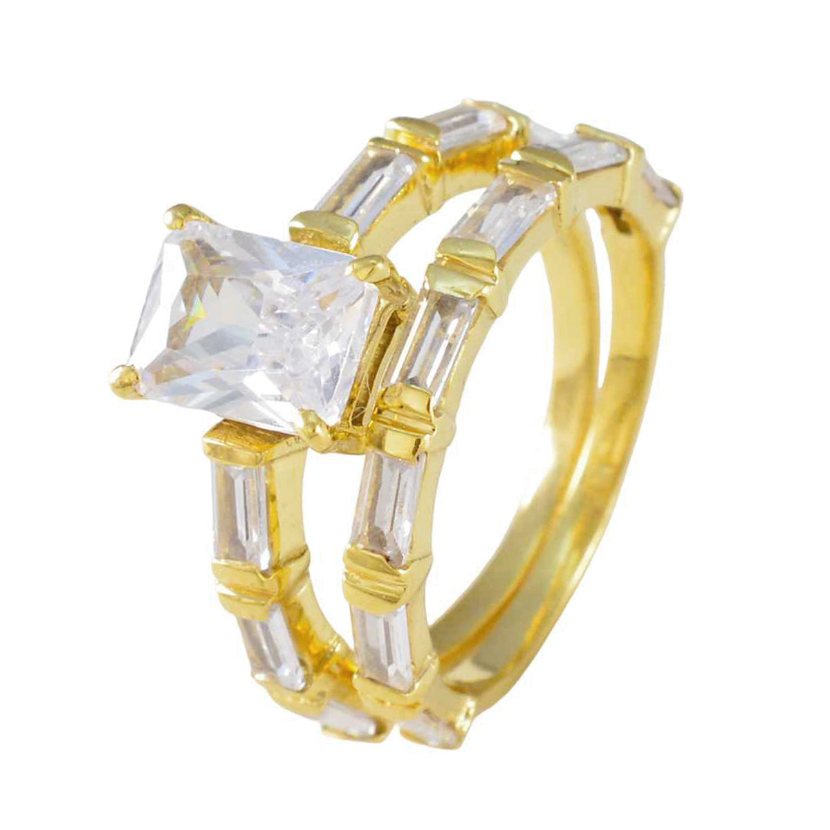 Riyo Large-Scale Silver Ring With Yellow Gold Plating White CZ Stone Octagon Shape Prong Setting Ring