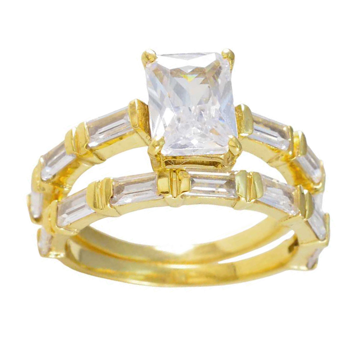 Riyo grootschalige zilveren ring met geelgouden witte CZ-steen achthoekige vorm Prong Setting Ring