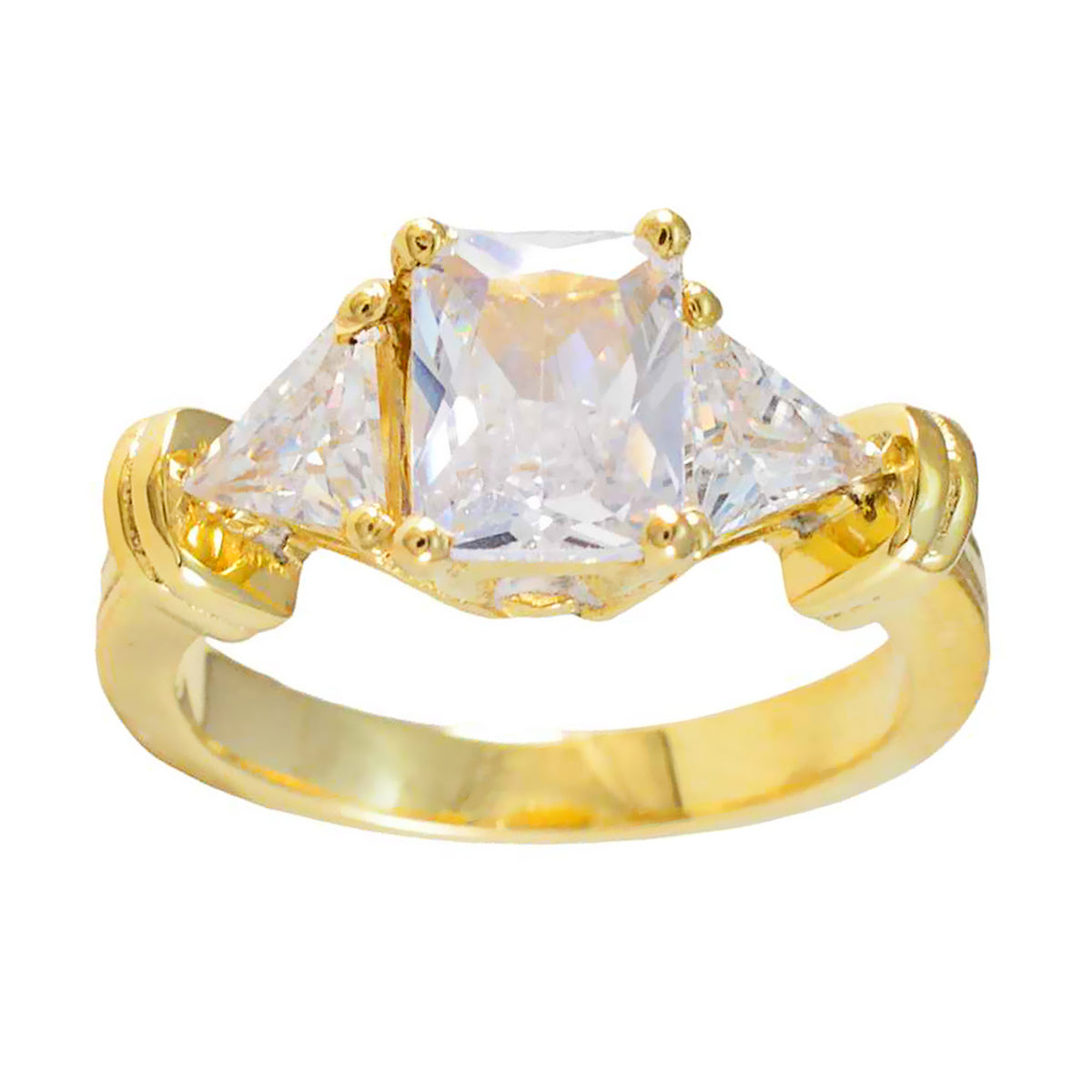 Ring aus reifem Riyo-Silber mit gelbvergoldetem, weißem CZ-Stein, Ring mit Krappenfassung in mehreren Formen