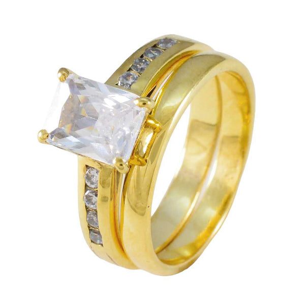 Riyo Perfecte zilveren ring met geelgouden witte CZ-steen Achthoekige vorm Prong Setting Ring
