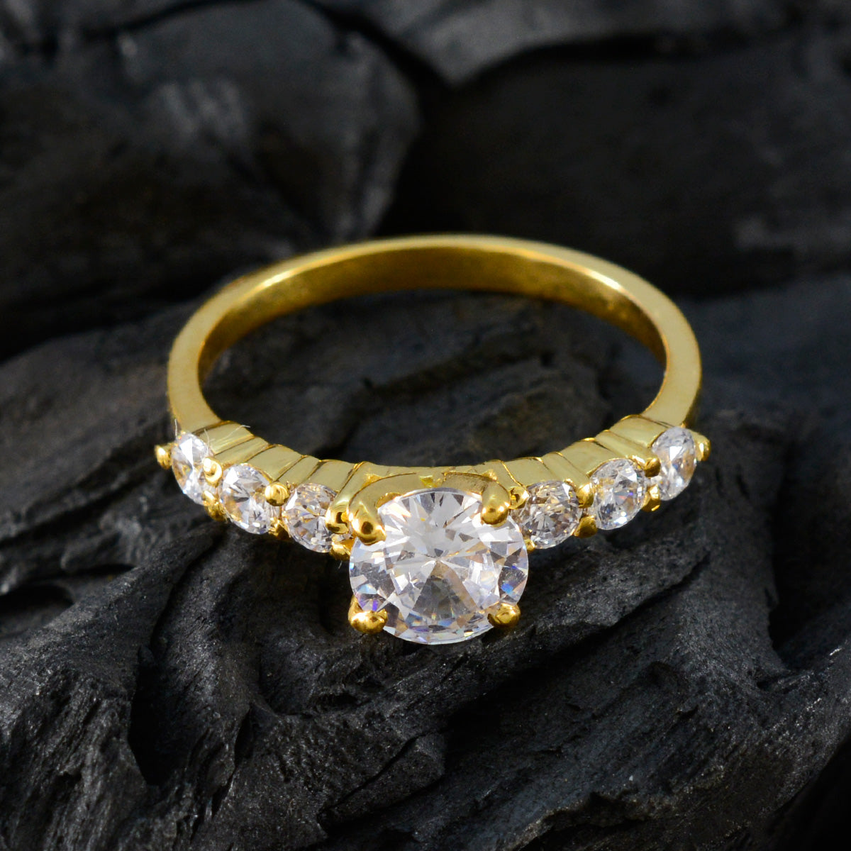 Riyo Prime Silver Ring With Yellow Gold Plating White CZ Stone Round Shape Prong Setting Ring