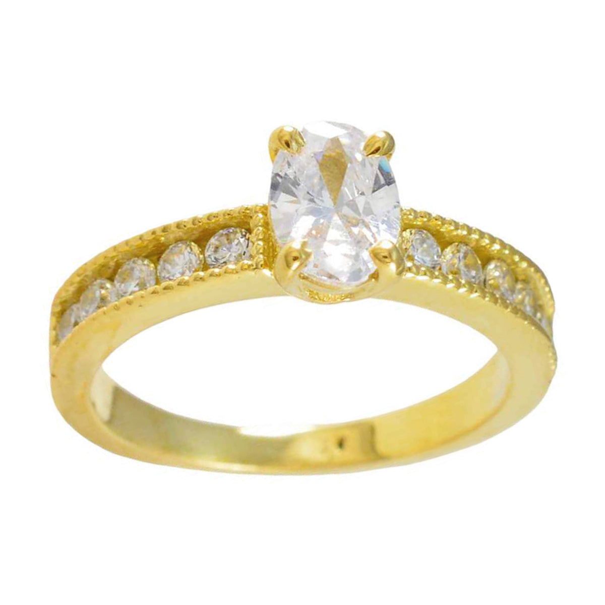 Riyo Quantitativer Silberring mit gelber Vergoldung, ovaler Ring mit Krappenfassung und weißem CZ-Stein