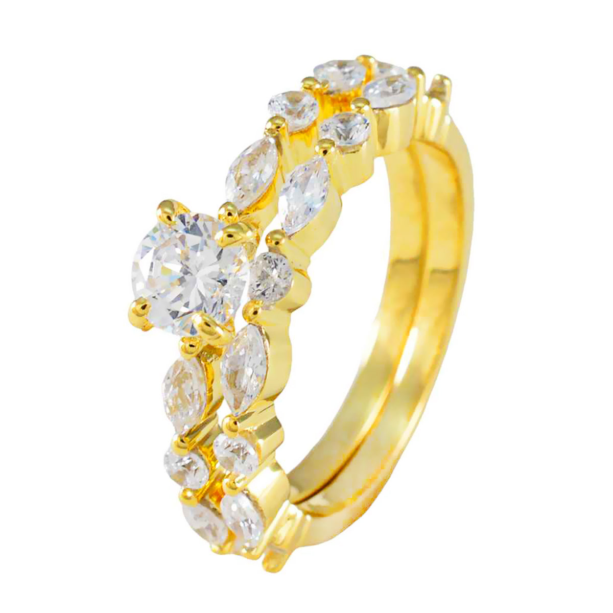 Riyo Rare Silver Ring With Yellow Gold Plating White CZ Stone Multi Shape Prong Setting Ring