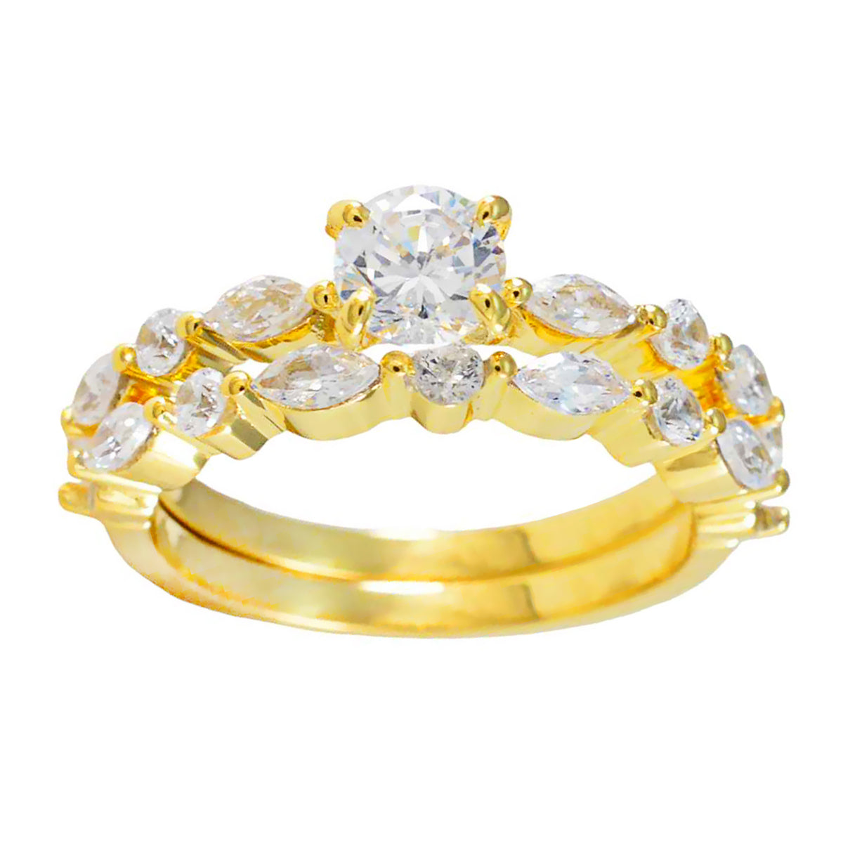Riyo Seltener Silberring mit gelbvergoldetem, weißem CZ-Stein, Ring mit Krappenfassung in mehreren Formen