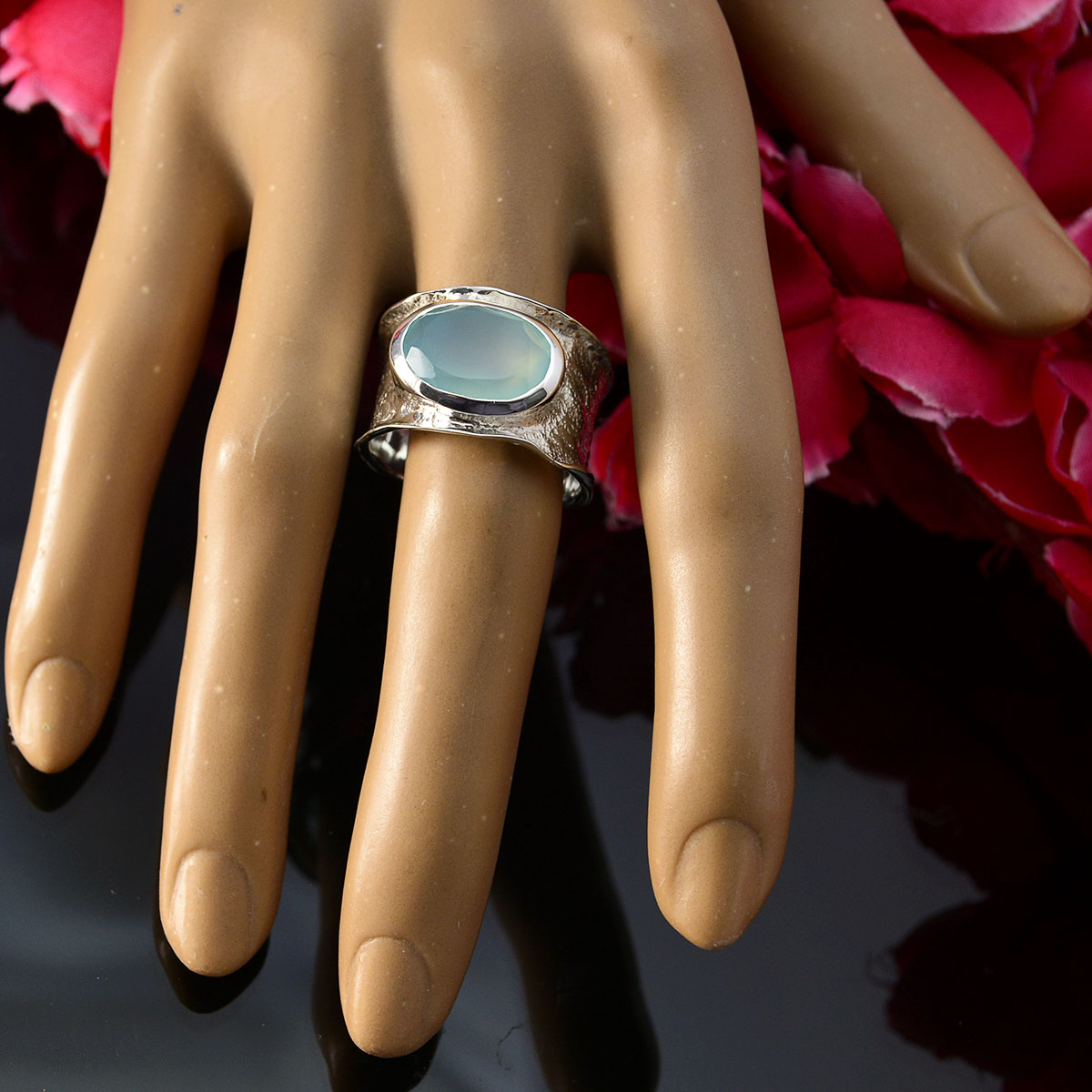 Grand Gemstones Aqua Chalcedony Solid Silver Ring Gold Jewelry India