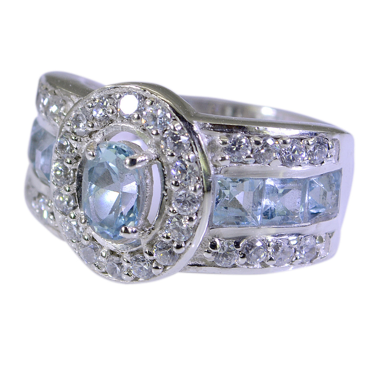 Prettyish Gemstones Blue Topaz Solid Silver Ring Meteorite Jewelry