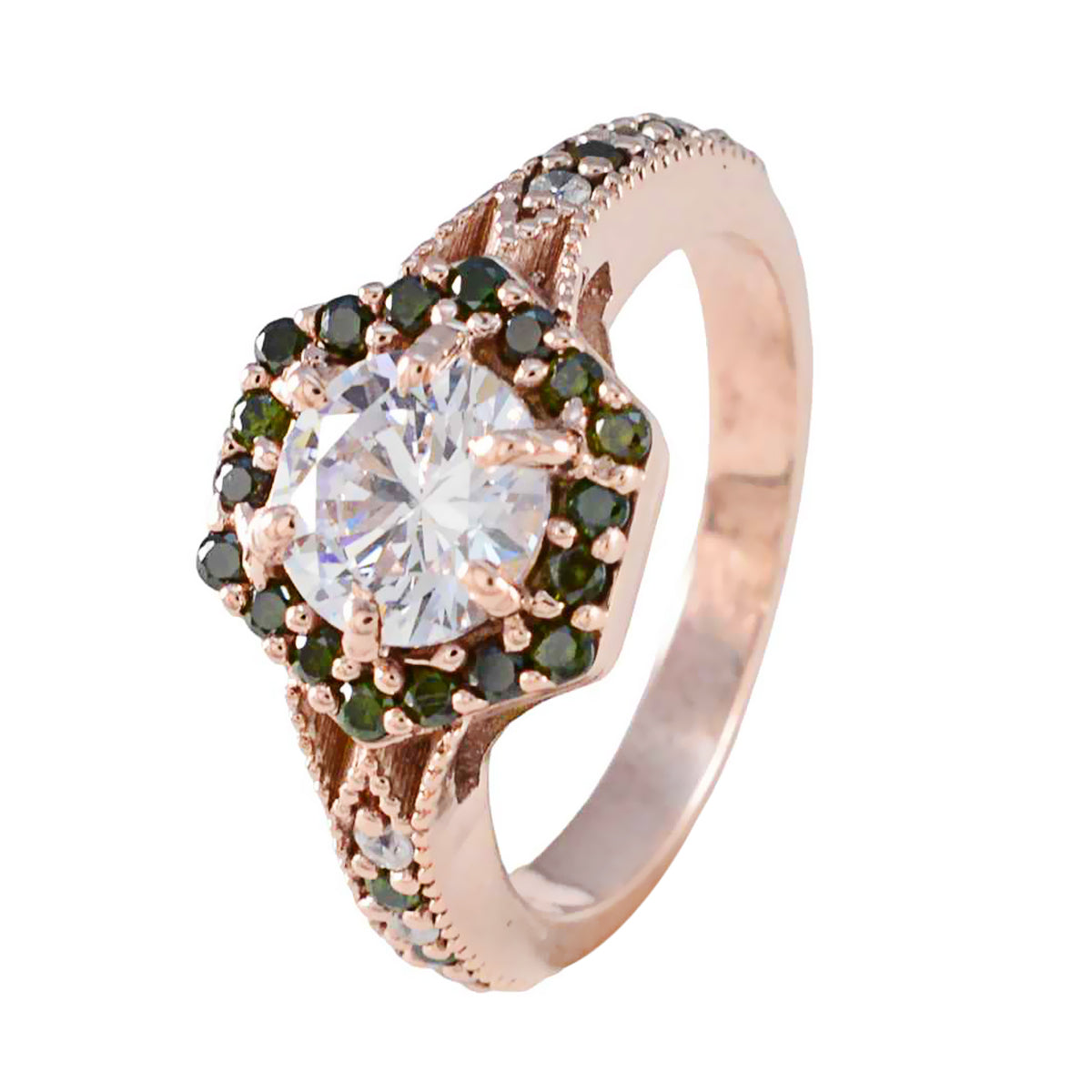 Riyo Classical Silver Ring With Rose Gold Plating Blue Sapphire Stone Round Shape Prong Setting Handamde Jewelry Cocktail Ring