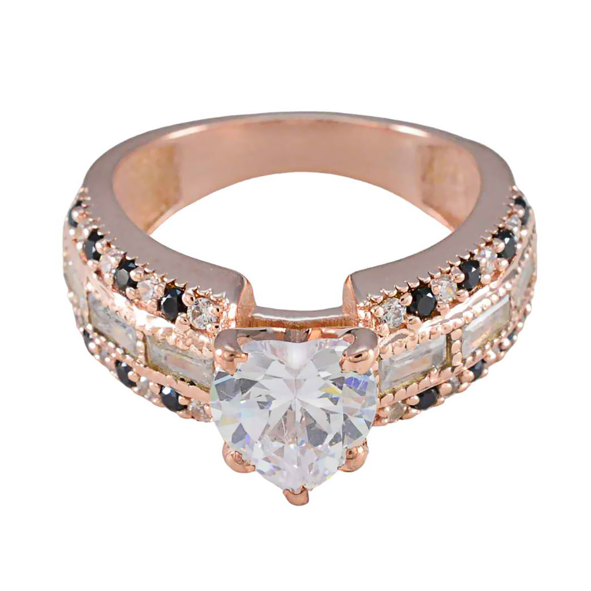 Anillo de plata completo riyo con chapado en oro rosa, piedra de zafiro azul, ajuste de punta en forma de corazón, joyería personalizada, anillo de Pascua