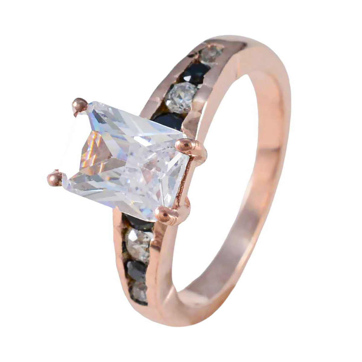 Riyo Adorable Silver Ring With Rose Gold Plating Blue Sapphire Stone Octagon Shape Prong Setting Stylish Jewelry Anniversary Ring