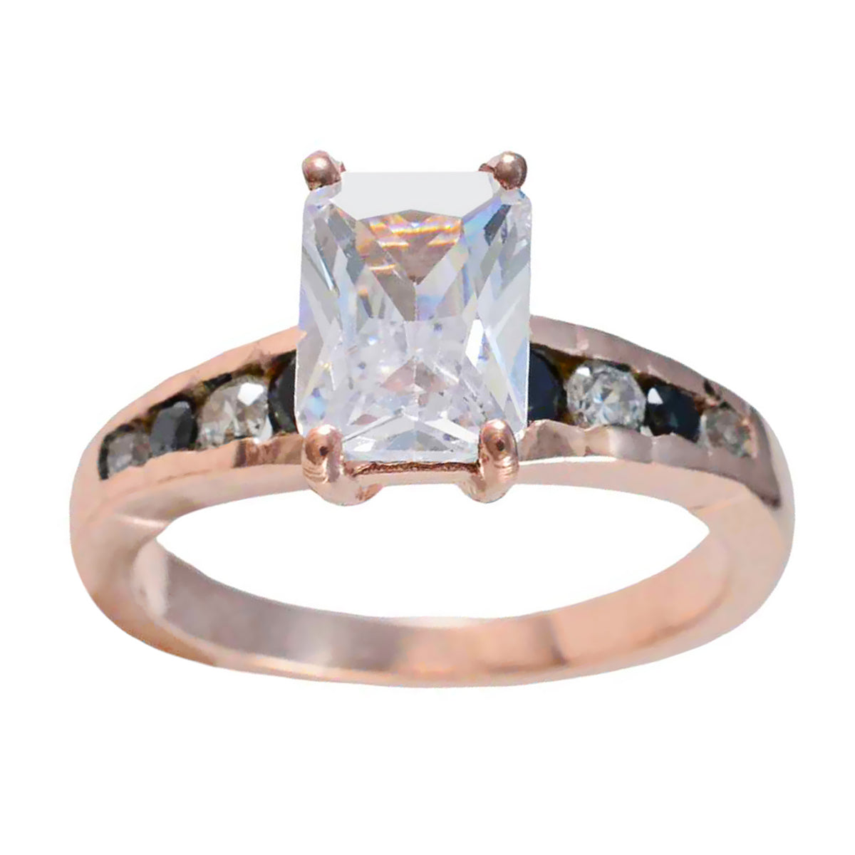 Riyo Adorable Silver Ring With Rose Gold Plating Blue Sapphire Stone Octagon Shape Prong Setting Stylish Jewelry Anniversary Ring