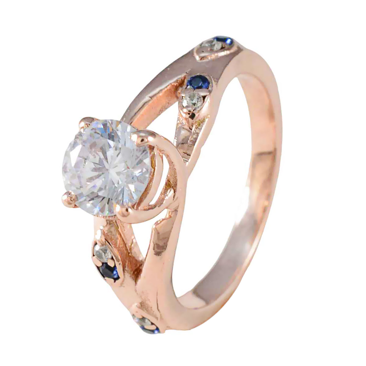 Anillo de plata antiguo riyo con chapado en oro rosa, piedra de zafiro azul, ajuste de punta redonda, joyería de moda, anillo de cumpleaños