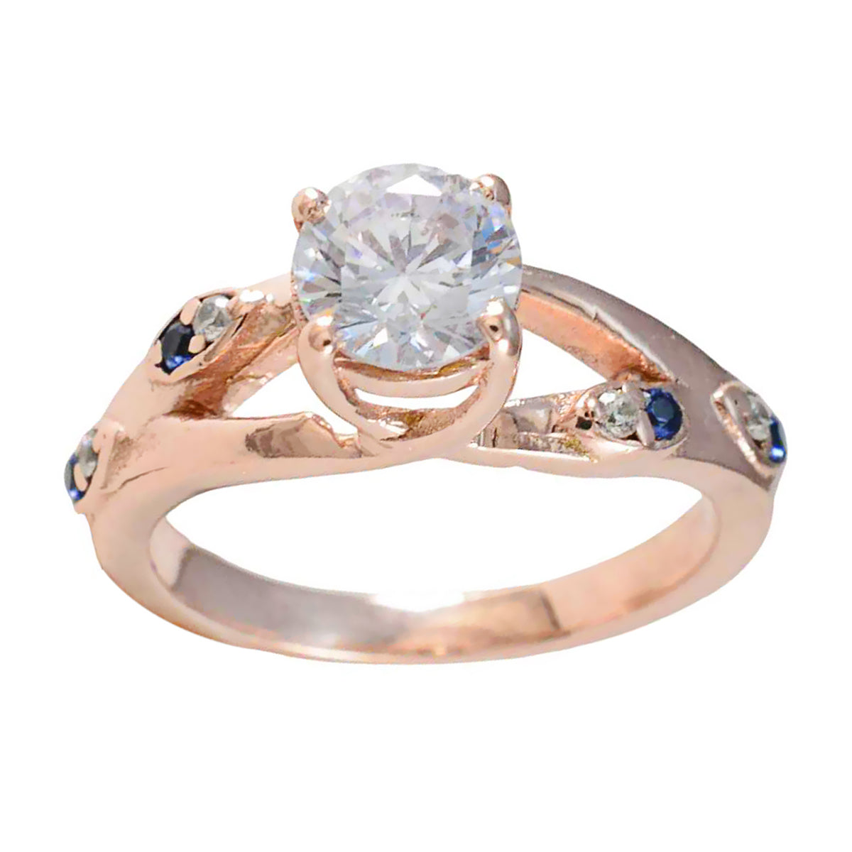 Anillo de plata antiguo riyo con chapado en oro rosa, piedra de zafiro azul, ajuste de punta redonda, joyería de moda, anillo de cumpleaños