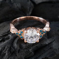 Hermoso anillo de plata riyo con chapado en oro rosa, Topacio Azul, piedra cz, forma redonda, ajuste de punta, joyería, anillo de Navidad