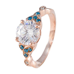 Hermoso anillo de plata riyo con chapado en oro rosa, Topacio Azul, piedra cz, forma redonda, ajuste de punta, joyería, anillo de Navidad