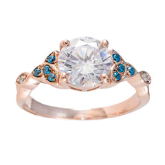 Riyo Beautiful Silver Ring With Rose Gold Plating Blue Topaz CZ Stone Round Shape Prong Setting  Jewelry Christmas Ring