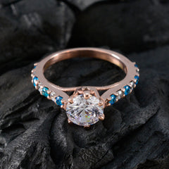 Riyo mejor anillo de plata con chapado en oro rosa Topacio Azul cz piedra forma redonda ajuste de punta joyería antigua anillo de cóctel