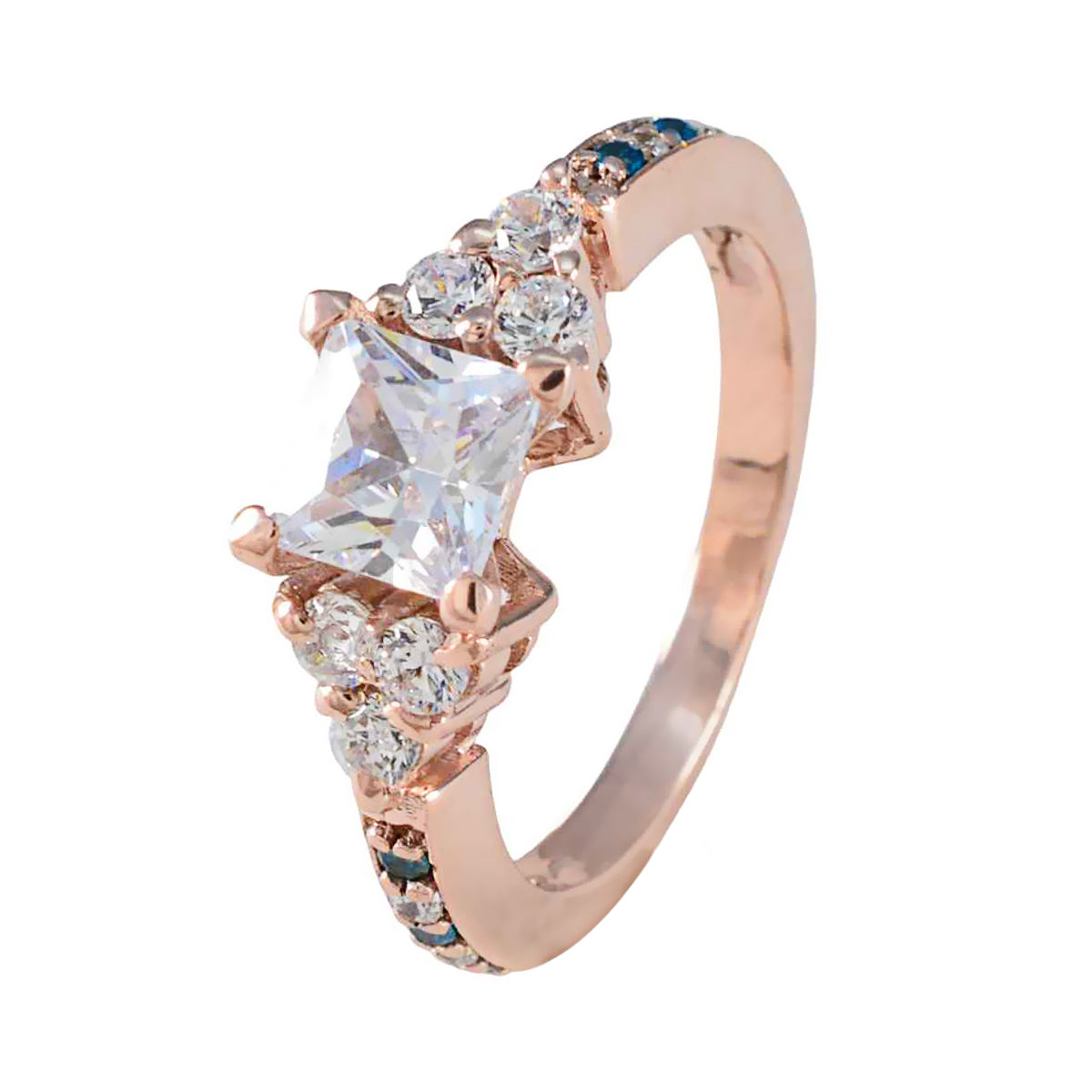 Riyo Bulk Silver Ring With Rose Gold Plating Blue Topaz CZ Stone square Shape Prong Setting Bridal Jewelry Easter Ring