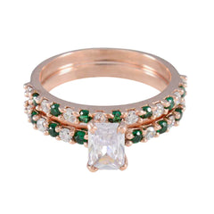 Riyo Classical Silver Ring With Rose Gold Plating Emerald CZ Stone Octagon Shape Prong Setting Stylish Jewelry Graduation Ring