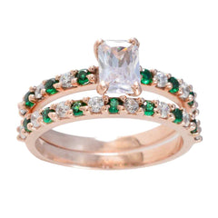 Riyo Classical Silver Ring With Rose Gold Plating Emerald CZ Stone Octagon Shape Prong Setting Stylish Jewelry Graduation Ring