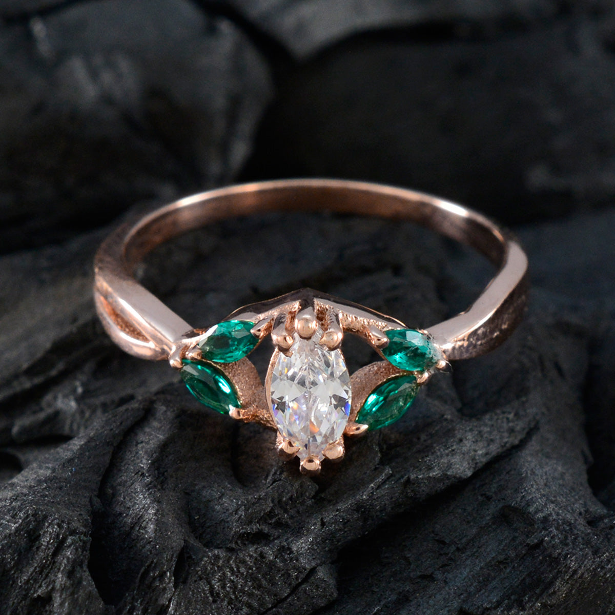 Riyo kompletter Silberring mit Rosévergoldung, Smaragd-CZ-Stein, Marquise-Form, Krappenfassung, Modeschmuck, Halloween-Ring