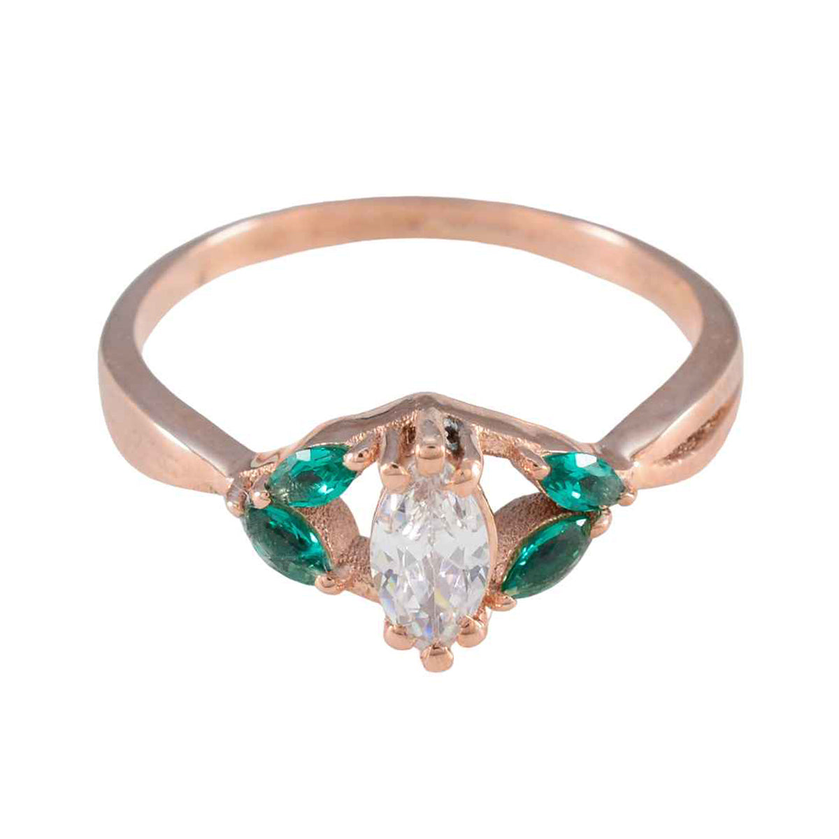 Riyo Complete Silver Ring With Rose Gold Plating Emerald CZ Stone Marquise Shape Prong Setting Fashion Jewelry Halloween Ring