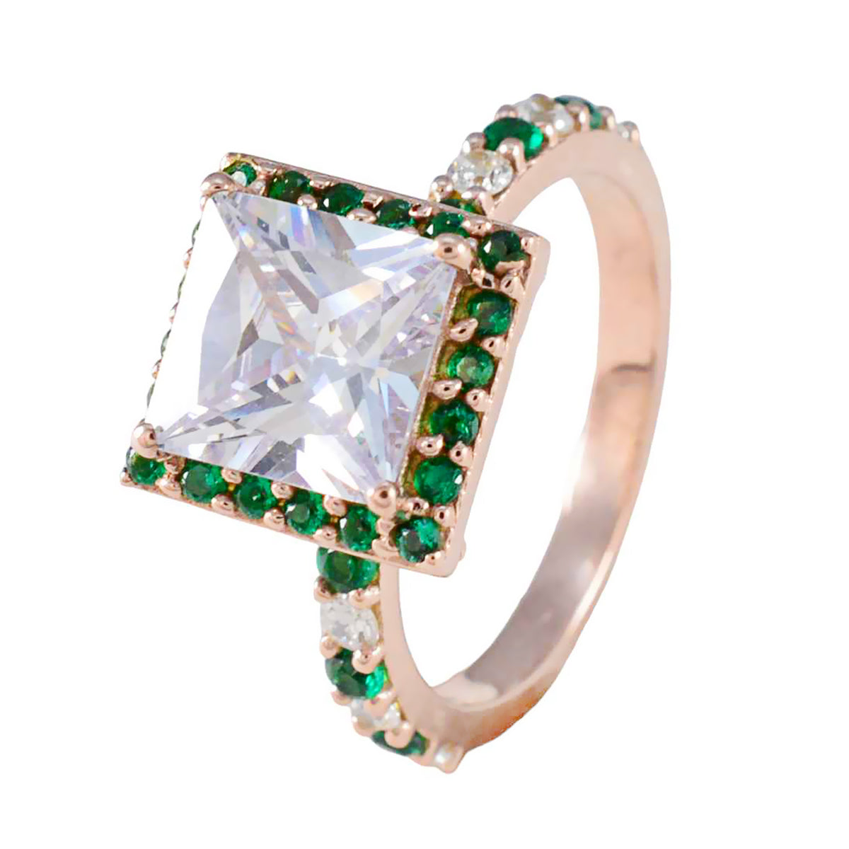 anello riyo personalizzato in argento con placcatura in oro rosa, smeraldo, pietra cubica cubica, forma quadrata, montatura a punta, gioielli firmati, anello per la festa della mamma