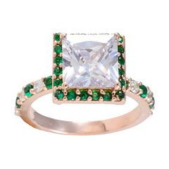 anello riyo personalizzato in argento con placcatura in oro rosa, smeraldo, pietra cubica cubica, forma quadrata, montatura a punta, gioielli firmati, anello per la festa della mamma
