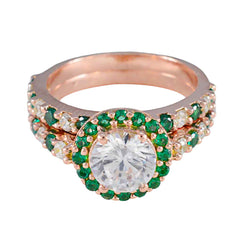 Riyo Designer-Silberring mit Rosévergoldung, Smaragd-CZ-Stein, runde Form, Krappenfassung, antiker Schmuck, Thanksgiving-Ring