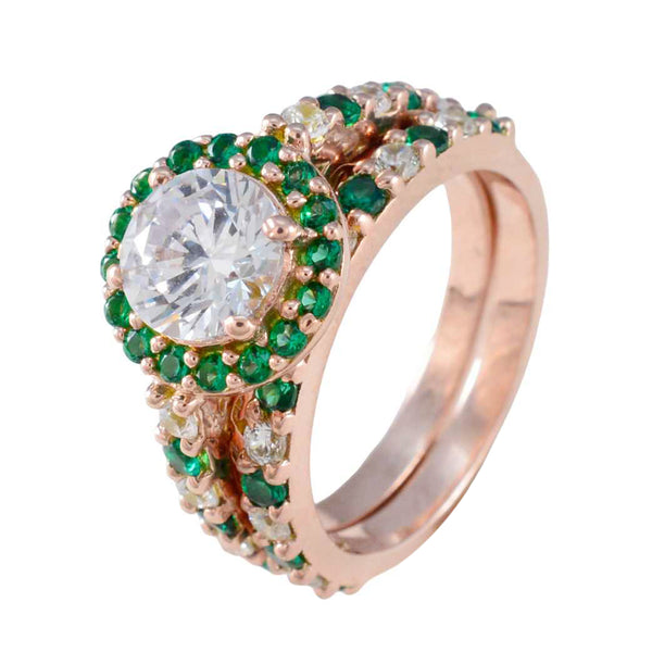 Riyo Designer Silver Ring With Rose Gold Plating Emerald CZ Stone Round Shape Prong Setting Antique Jewelry Thanksgiving Ring